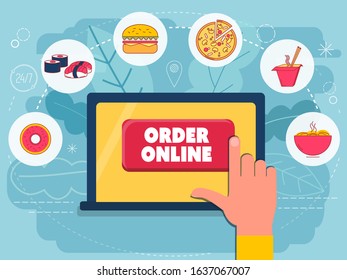 Hand touching button on the screen of laptop with text Order Online. Food delivey concept. Modern flat graphic design vector illustration