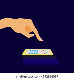 Hand touching a cheerful phone. 
Finger reaching for the phone to click on it and the phone lies and smiles.