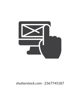Hand touching computer monitor vector icon. filled flat sign for mobile concept and web design. Human-Computer Interaction glyph icon. Symbol, logo illustration. Vector graphics
