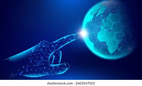 Hand touching digital Earth on futuristic technology blue background, global network,online business, connectivity concept, designed for business presentations. vector illustration.