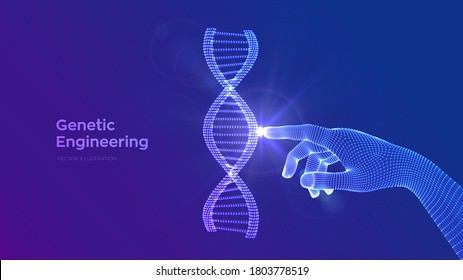 Hand touching DNA sequence molecules structure mesh. Wireframe DNA code editable template. Genetic engineering. Medical research. Science and Technology concept. Vector illustration.