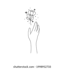 Hand touching a flower. Minimalistic vector illustration in boho style