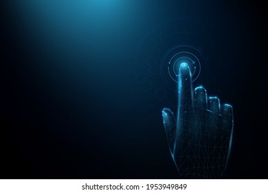 Hand of touching futuristic technology connection display concept. Low poly, geometric, wire, Particles, lines, and triangles outline. 3d vector illustration