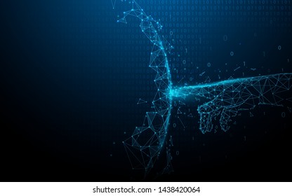 Hand touching global network connection and data from lines, triangles and particle style design. Illustration vector