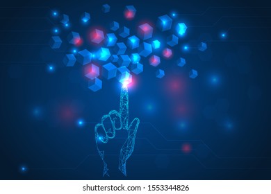 hand touching at glowing cubes on blurry circuit background. digital technology innovation and creativity abstract concept.