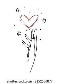 Hand touching the heart continius line art icon. Aesthetic symbol for a gift, a tattoo, a logo for a women s beauty salon. Vector illustration isolated on white.