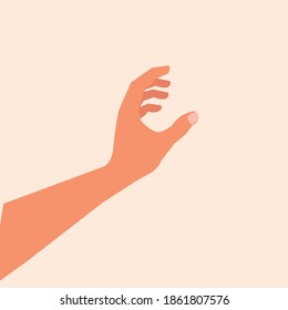Hand touching or holding to something. Hand making gesture while grasp or catch, take, keep something isolated white background. Grabbing something by hand. Vector illustration. Realistic hand. eps10 