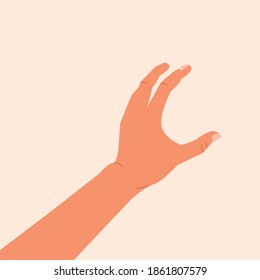 Hand touching or holding to something. Hand making gesture while grasp or catch, take, keep something isolated white background. Grabbing something by hand. Vector illustration. Realistic hand. eps10 