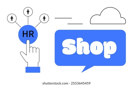 Hand touching HR circle connected to people icons and blue shop bubble. Ideal for digital marketing, HR recruitment, online shopping, e-commerce, and cloud services. Modern and flat style