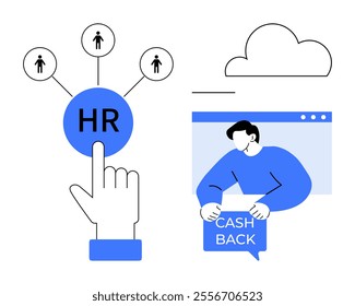 A hand touching HR circle with linked people icons and a person holding Cash Back sign on a browser screen. Ideal for HR management, employee engagement, digital marketing, financial incentives