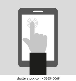 Hand touching icon. One finger clicks the button on the smart phone. Vector illustration in flat style with long shadow.