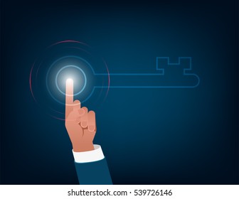 A hand touching key. Concept finding a solution and business illustration. Vector flat