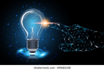 Hand touching light bulb abstract background. creative idea concept