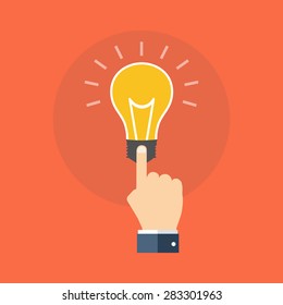 Hand touching light bulb. Colorful flat design icon.  Vector illustration