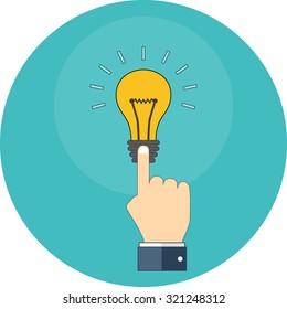 Hand touching light bulb. Know how concept. Vector flat design