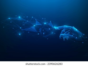 hand touching line dot technology network global connection blue background. business technology internet artificial intelligence. big data innovation. vector illustration digital low poly fantastic.