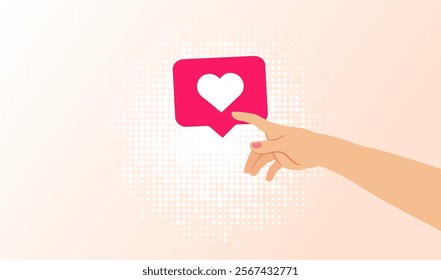 Hand touching love reaction icon, creative background. Hand of lovers touching heart like button. Vector illustration of finding love for Valentine's day greeting cards or banners