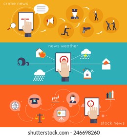 Hand touching mobile device screen crime weather stock news apps flat icon set isolated vector illustration