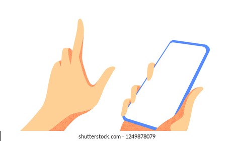 Hand touching mobile phone screen isolated on white, mock up smartphone blank screen easy adjustment with clipping path. Vector illustration.