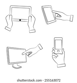 Hand, die Tablette berührt, Telefon hält, Skizze