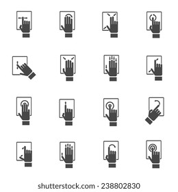 Hand touching pad mobile phone screen icons black set isolated vector illustration