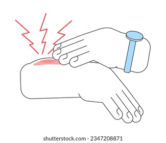 Hand touching painful injury flat line color isolated vector object. Trauma with bruise. Editable clip art image on white background. Simple outline cartoon spot illustration for web design