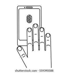 Hand touching phone screen for biometric identification as well as haptic feedback concept. Stock vector vector illustration for computer authentication by fingerprint scan and kinesthetic simulation