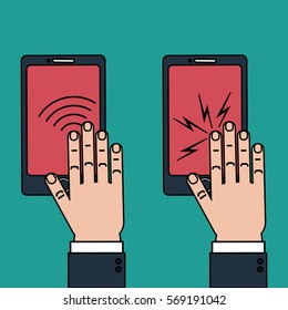 Hand touching phone screen for biometric identification as well as haptic feedback concept. Stock vector vector illustration for computer authenticationn by fingerprint scan and kinesthetic simulation