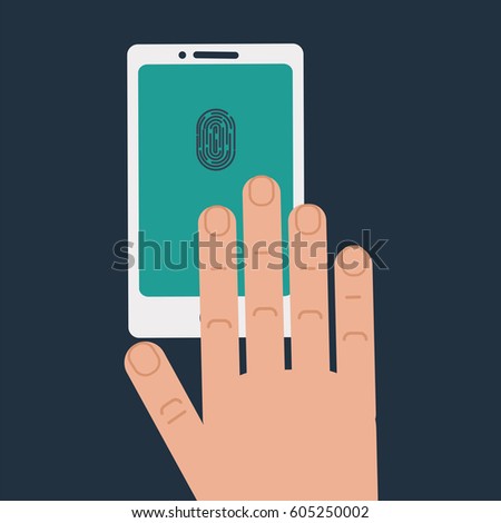 Hand touching phone screen for biometric identification as well as haptic feedback concept. Stock vector vector illustration for computer authentication by fingerprint scan and kinesthetic simulation