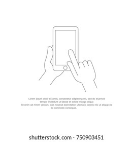Hand touching phone screen closeup, isolated on white background. Men holding and pointing with finger. Hand typing message on mobile phone. For webpage, web site and app. Modern business concept