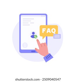 Mano tocando la pantalla del teléfono con preguntas frecuentes. Cliente encontrando respuesta en el chat de Asistencia. Concepto de guía Cliente, chat de Asistencia, preguntas frecuentes, preguntas y respuestas. Diseño plano de la Ilustración vectorial para el Anuncio del Web