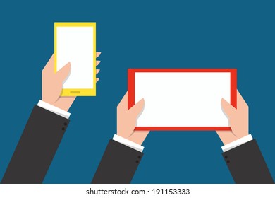 Hand Touching phone and tablet screen
