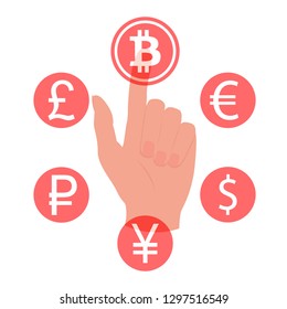 Hand touching, pressing or pointing a bitcoin button with index finger. Isolated vector illustration on white background.