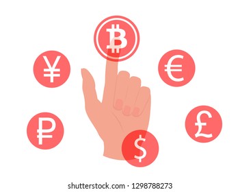 Hand touching, pressing or pointing a bitcoin button with index finger. Isolated vector illustration on white background.