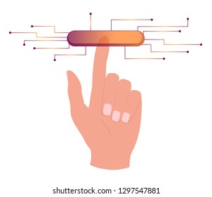 Hand touching, pressing or pointing a button with index finger. Isolated vector illustration on white background.