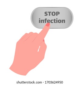 Hand touching, pressing or pointing a button with the inscription "Stop infection" with index finger. Isolated vector illustration on white background.