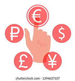 Hand touching, pressing or pointing a Euro button with index finger. Isolated vector illustration on white background.