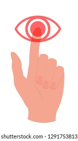 Hand touching, pressing or pointing a eye button with index finger. Isolated vector illustration on white background.