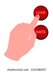 Hand touching, pressing or pointing a Love button with index finger. Isolated vector illustration on white background.