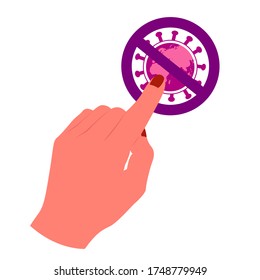 Hand touching, pressing or pointing a stop sign button with virus globe with index finger. Isolated colored vector illustration in flat style on white background