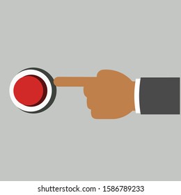 Hand touching red button. Vector flat illustration.