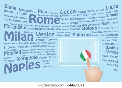 Hand is touching a round Italian flag on a transparent screen. The blue bent names of the Italian sights are in the background. Free place for your text is at the screen.