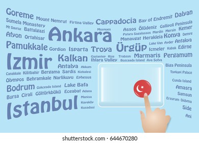 Hand is touching a round Turkish flag on a transparent screen. The blue bent names of the Turkish sights are in the background. Free place for your text is at the screen.