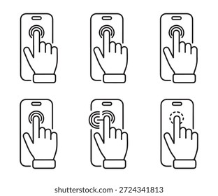 Hand touching screen icon set for mobile interaction and app usage isolated on white background vector graphic elements