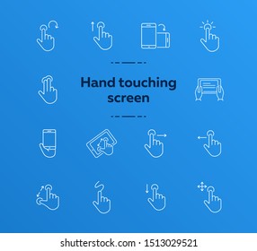 Hand touching screen icons. Set of line icons. Hand holding mobile, hands with tablet. Touchscreen concept. Vector illustration can be used for topics like modern technologies, internet