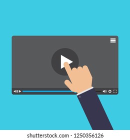 Hand touching screen, online learning, online video, video tutorial, illustration flat design style