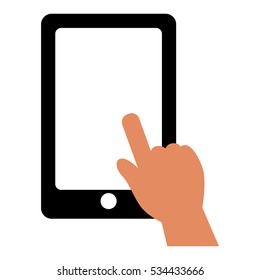 hand touching a screen of smartphone device icon over white background. vector illustration
