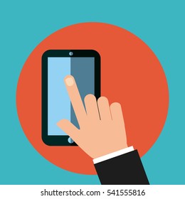 hand touching a screen of a smartphone device icon over red circle and blue background. colorful design. vector illustration