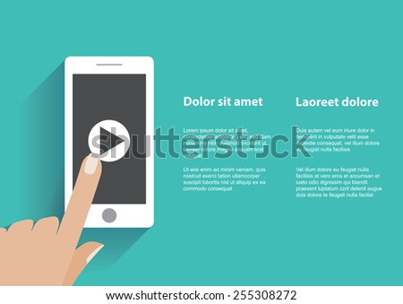 Hand touching screen of smartphone with play button. Using mobile smart phone, flat design concept. Eps 10 vector illustration