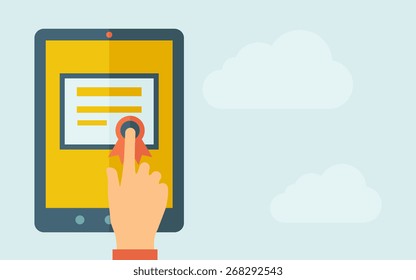 A hand is touching the screen of a tablet with certificate icon. A contemporary style with pastel palette, light blue cloudy sky background. Vector flat design illustration. Horizontal layout with